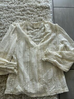 Joie Ivory Open-Knit V-Neck Long Sleeve Top